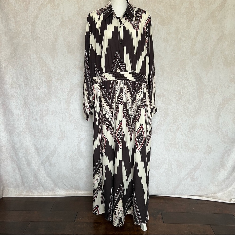 Women’s Geometric Shirt Collar Pocket Button Up Shirred Dress.